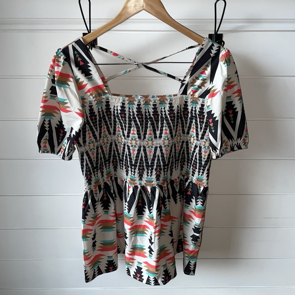 NWOT Rowdy Crowd Clothing Smocked Bodice Puff Sleeve Aztec/Southwest Top Size XL - Picture 3 of 8